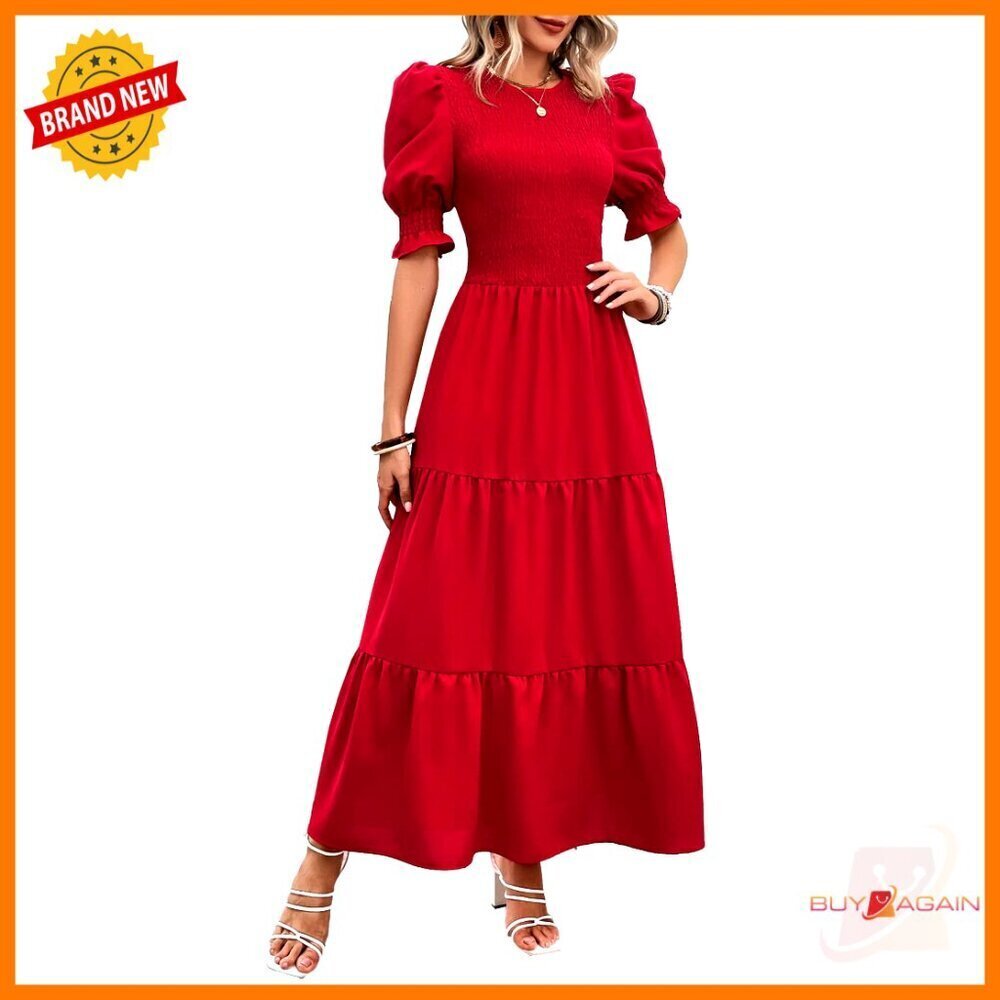 Boho Flowy Maxi Dress Smocked Bodice Ruffle Sleeves Tiered A-Line Summer